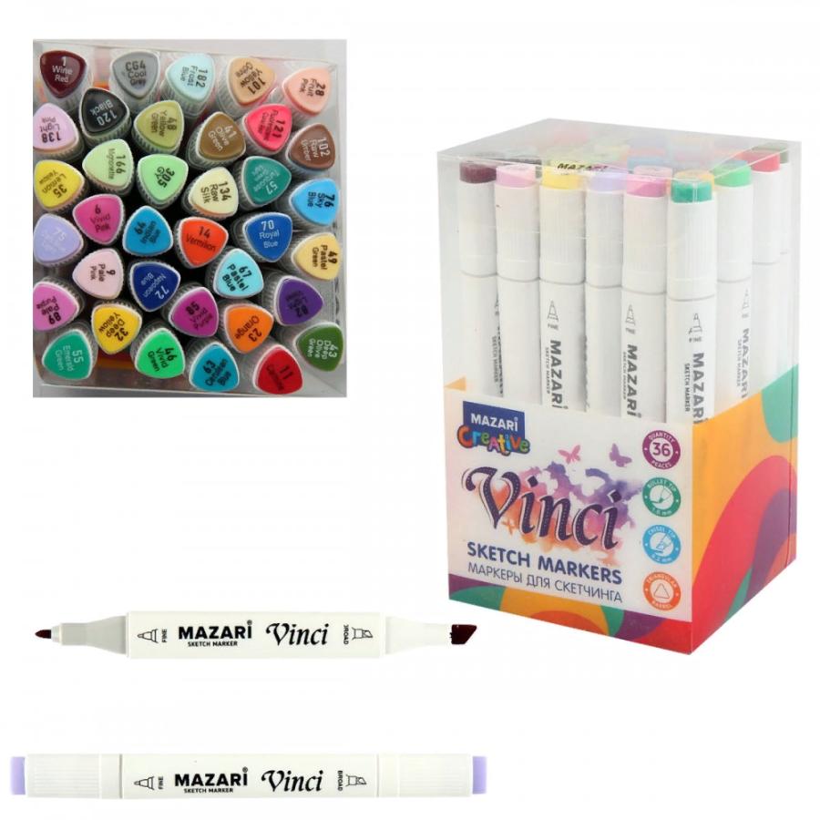 Набор маркеров для скетчинга VINCI Main colors, 36 цветов, основные цвета, 1-6,2 мм, двусторонние