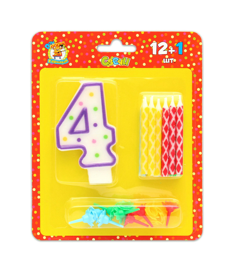 Свечи для торта, цветные 12шт+цифра "4"