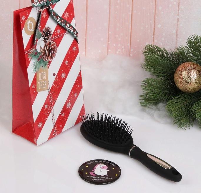 Подарочный набор «Новый год - Единорожка», 2 предмета: зеркало, массажная расчёска