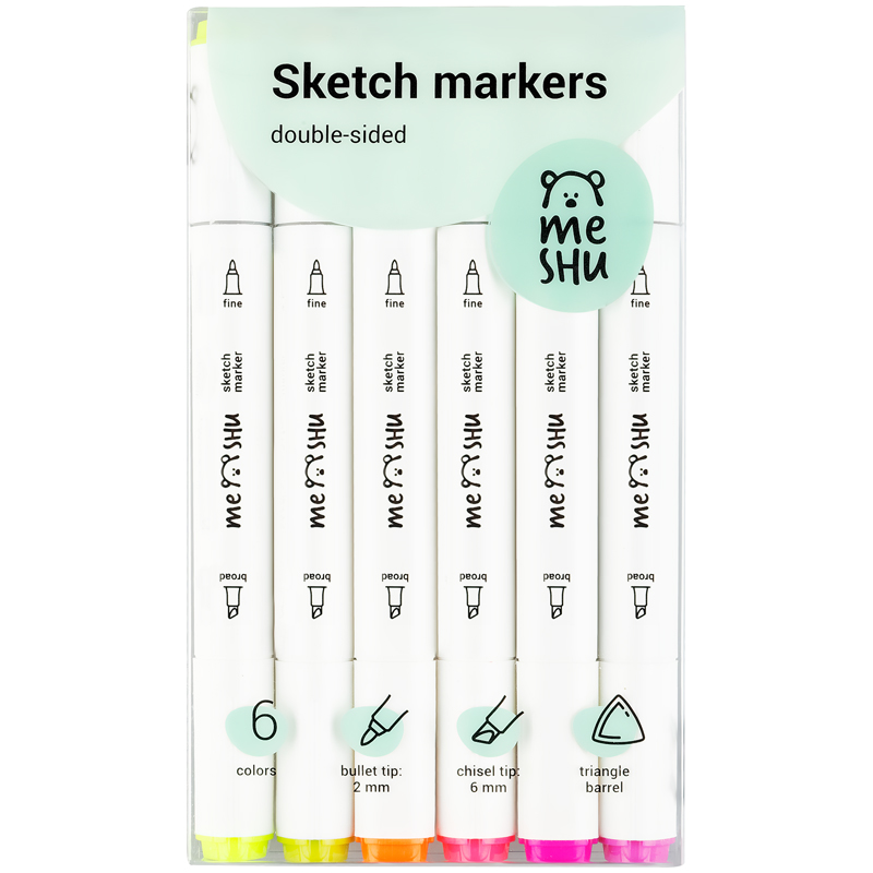 Набор маркеров для скетчинга MESHU,  6 цветов, 2-6 мм, двусторонние, флуоресцентные цвета