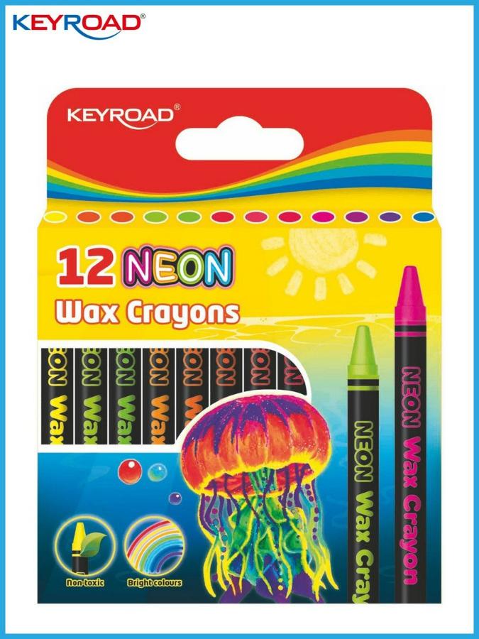Карандаши восковые 12 цветов Keyroad "Neon", трехгранные