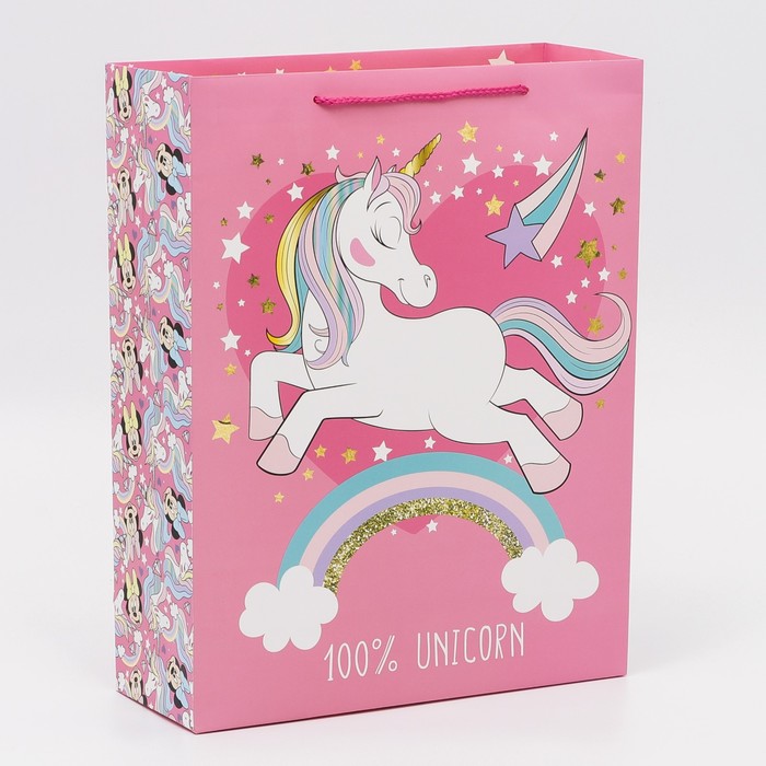 Пакет подарочный 31х40х11,5 см "100% unicorn. Единорог. Минни Маус"