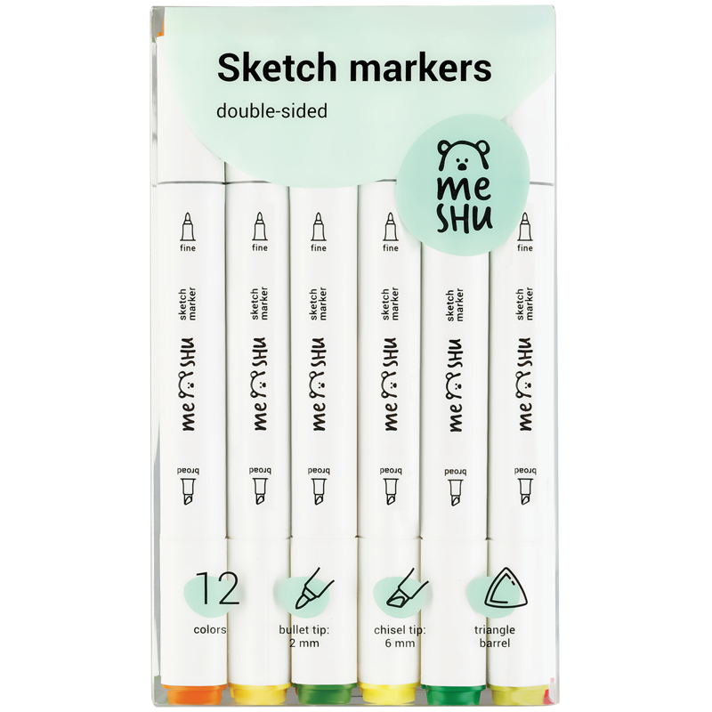 Набор маркеров для скетчинга MESHU, 12 цветов, 2-6 мм, двусторонние, осенние цвета