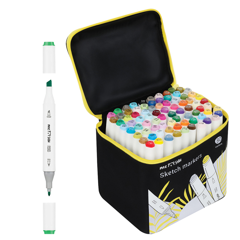 Набор маркеров для скетчинга MESHU, 80 цветов, 2-6 мм, двусторонние, основные цвета, чехол