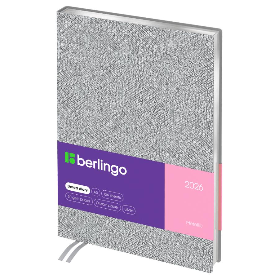 Ежедневник А5 184 л. 2026г, Berlingo "Metallic", сер. срез, серебряный металлик