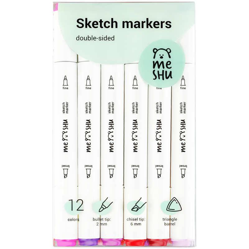 Набор маркеров для скетчинга MESHU, 12 цветов, 2-6 мм, двусторонние, ягодные цвета