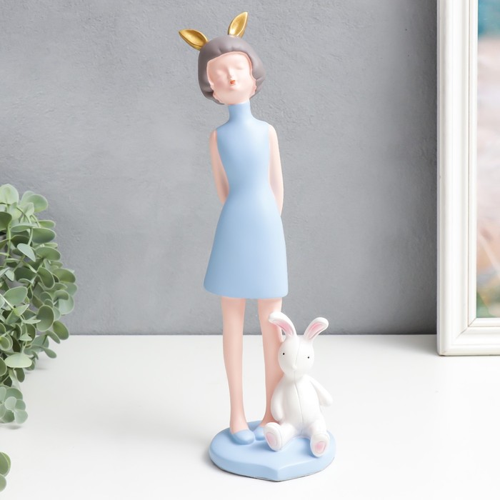Сувенир полистоун "Девочка с заичьими ушками, с кроликом" голубой 29х10х10 см  