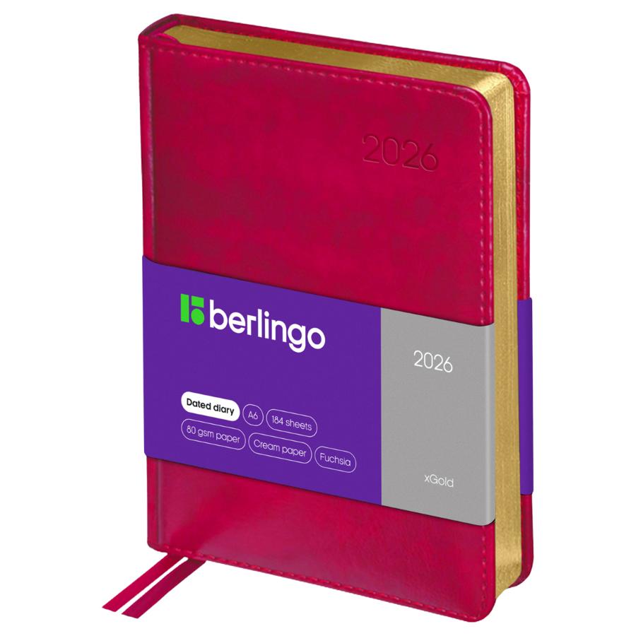 Ежедневник А6 176 л. 2026г, Berlingo "xGold", зол. срез, фуксия
