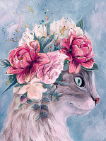 Картина по номерам на картоне А3 "Необычная кошка с цветами"