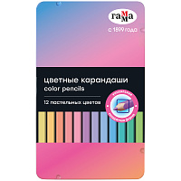 Карандаши 12 цветов Гамма пастельные, квадратные, металлический пенал