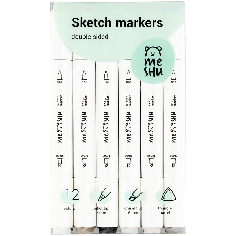 Набор маркеров для скетчинга MESHU, 12 цветов, 2-6 мм, двусторонние, серые цвета