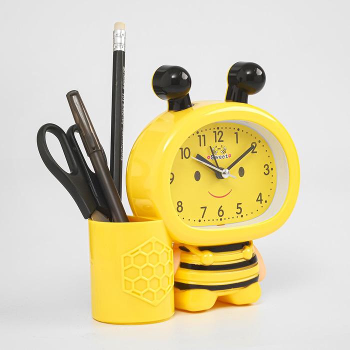 Часы-будильник "Пчела", с подставкой для канцелярии, d=9 см, пластик