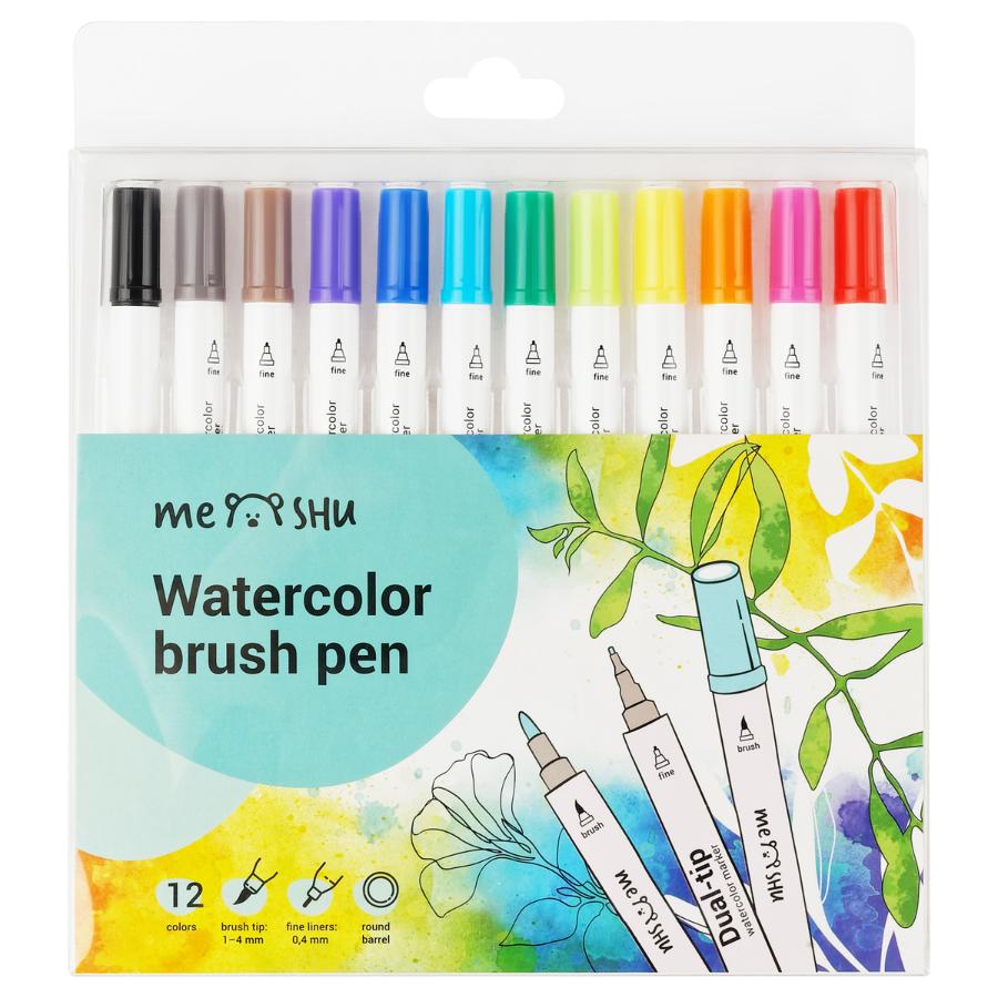 Набор акварельных маркеров MESHU, 12 цветов, двусторонние, основные цвета
