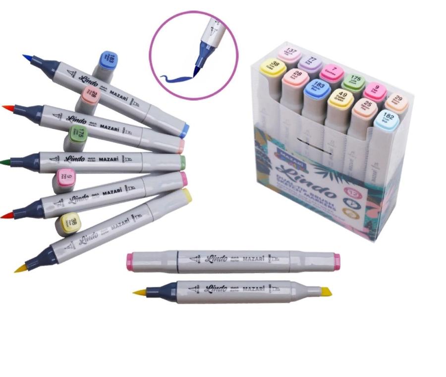 Набор маркеров для скетчинга LINDO, 12 цветов, Pastel colors, 1-6,2 мм, двусторонние 
