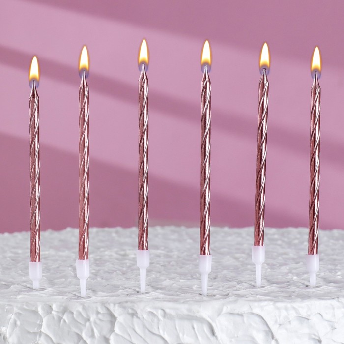 Свечи для торта витые с подставкой, 6 шт, 14 см, розовый блик