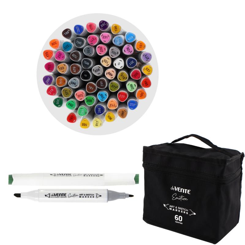 Набор маркеров для скетчинга deVENTE "Emotion", 60 цвета, 1-6 мм, двусторонние, в текстильной сумке