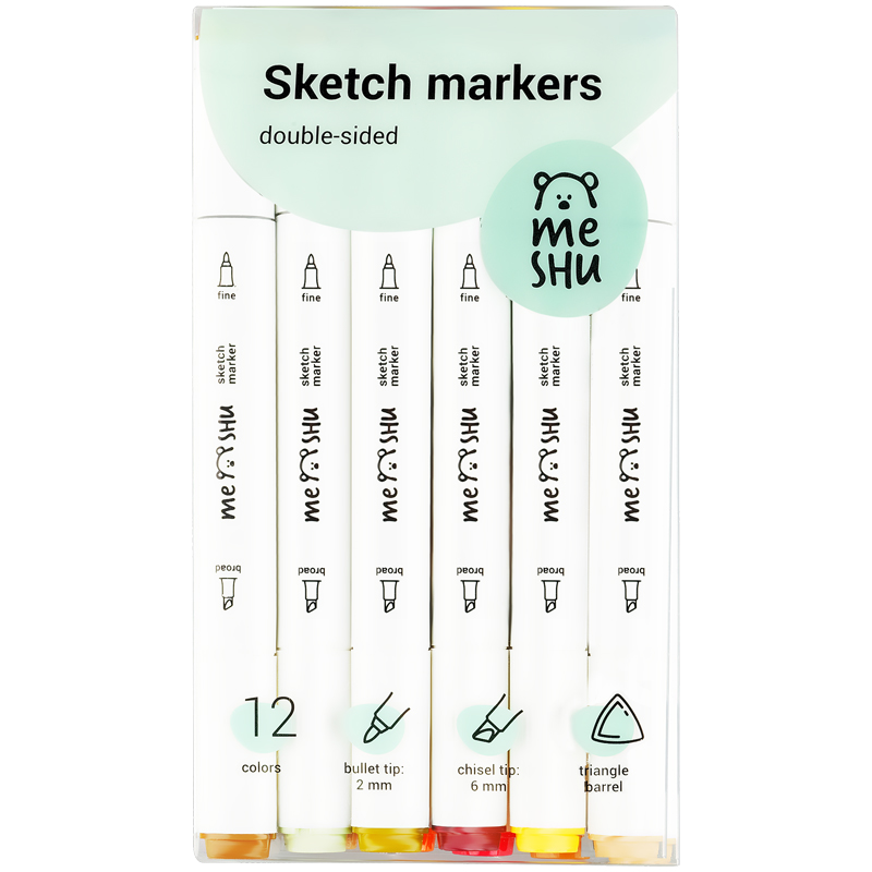Набор маркеров для скетчинга MESHU, 12 цветов, 2-6 мм, двусторонние, цвета леса