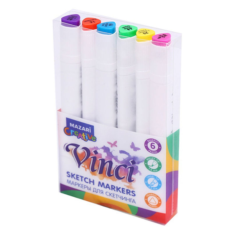 Набор маркеров для скетчинга VINCI Main colors, 6 цветов, 1-6,2 мм, двусторонние