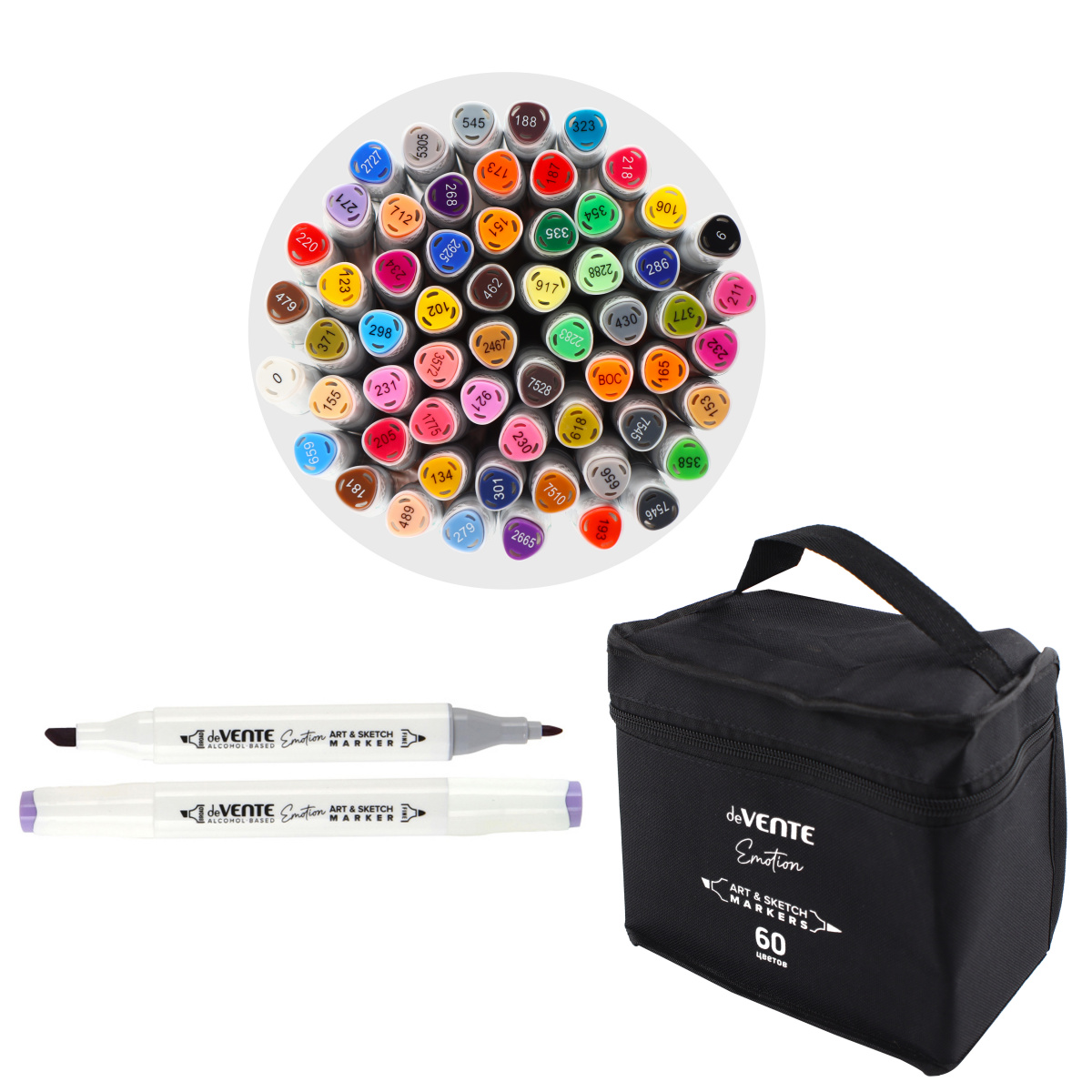 Набор маркеров для скетчинга deVENTE "Emotion", 60 цветов, 2-5 мм, двусторонние, в текстильной сумке
