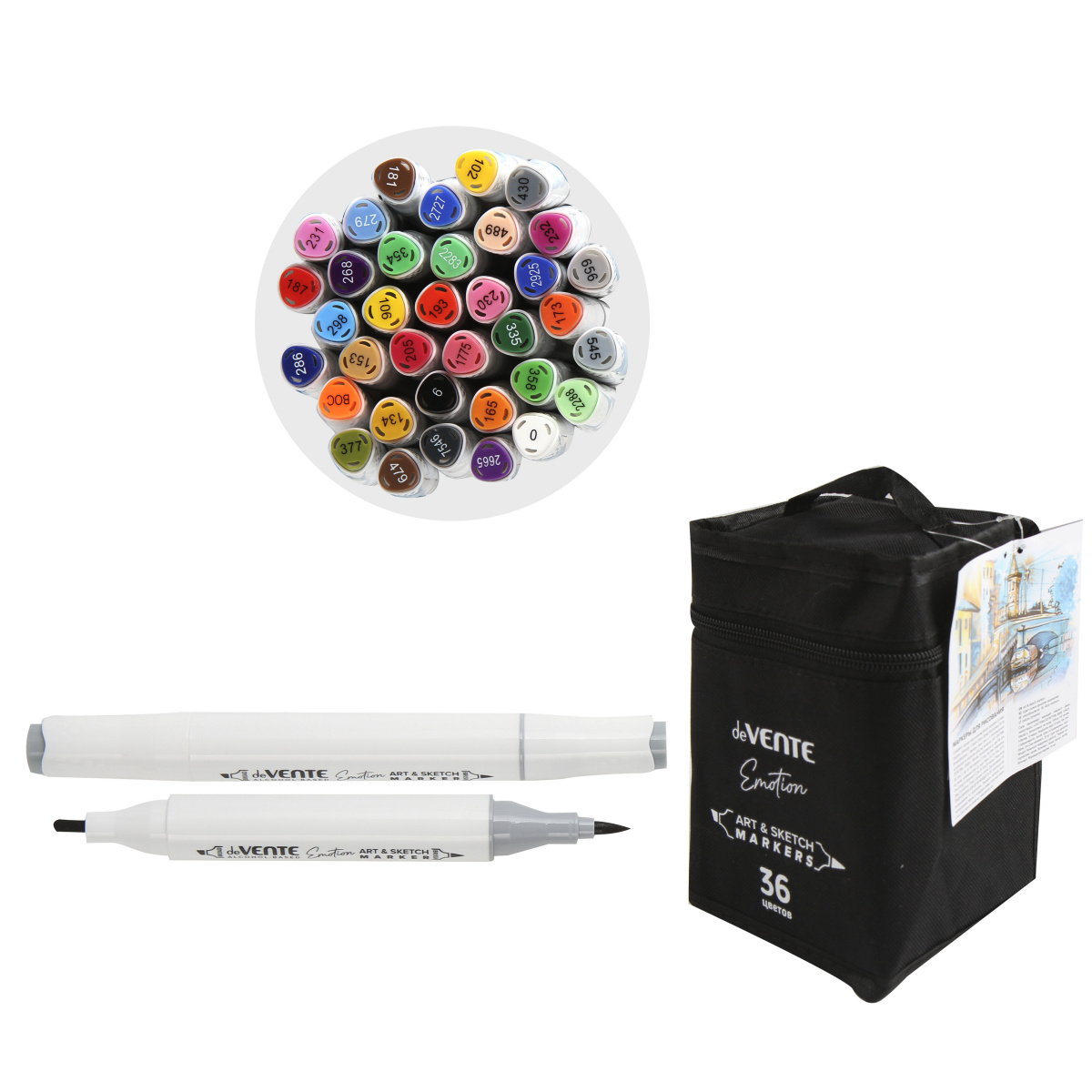 Набор маркеров для скетчинга deVENTE "Emotion", 36 цветов, 2-5 мм, двусторонние, в текстильной сумке